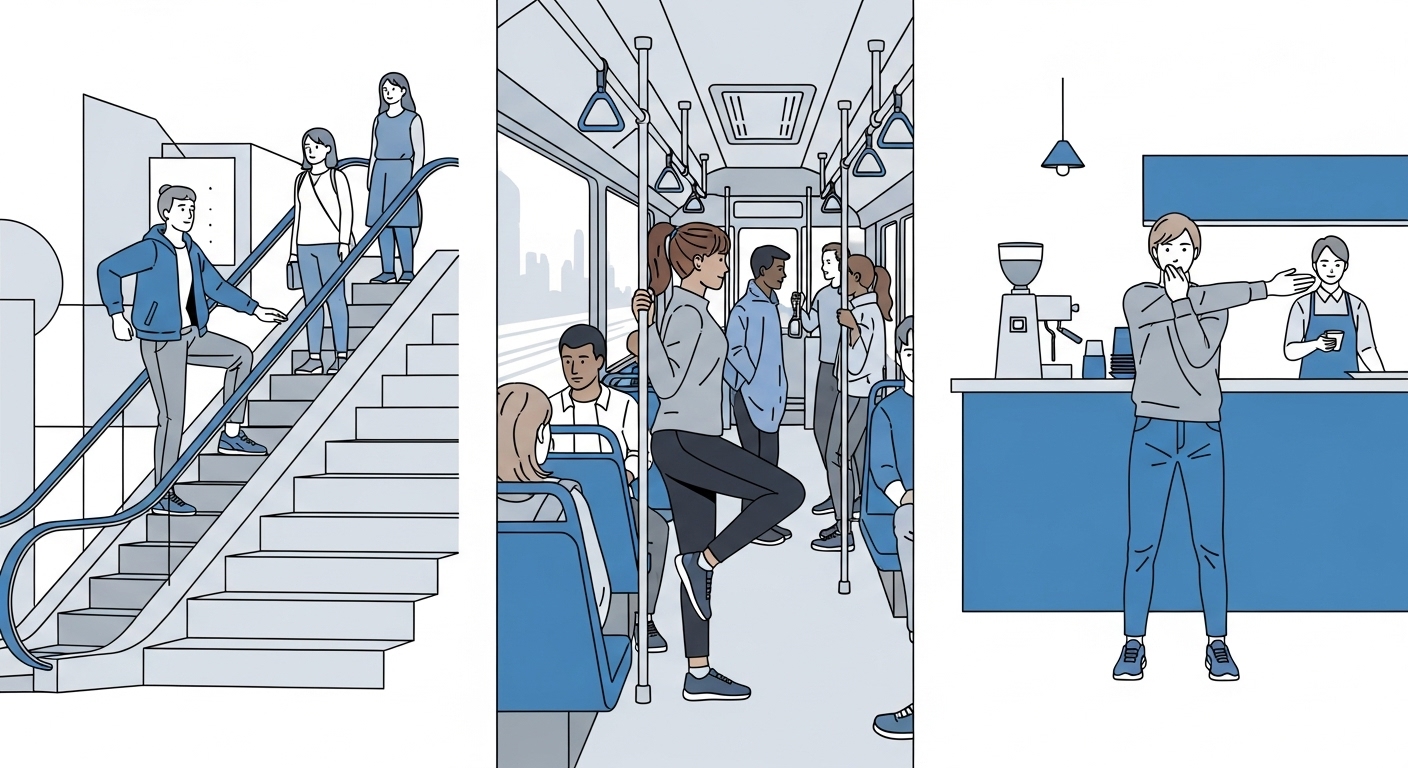 계단 이용, 대중교통 서서 이동, 까치발 들기 등 일상 속 움직임 간식.