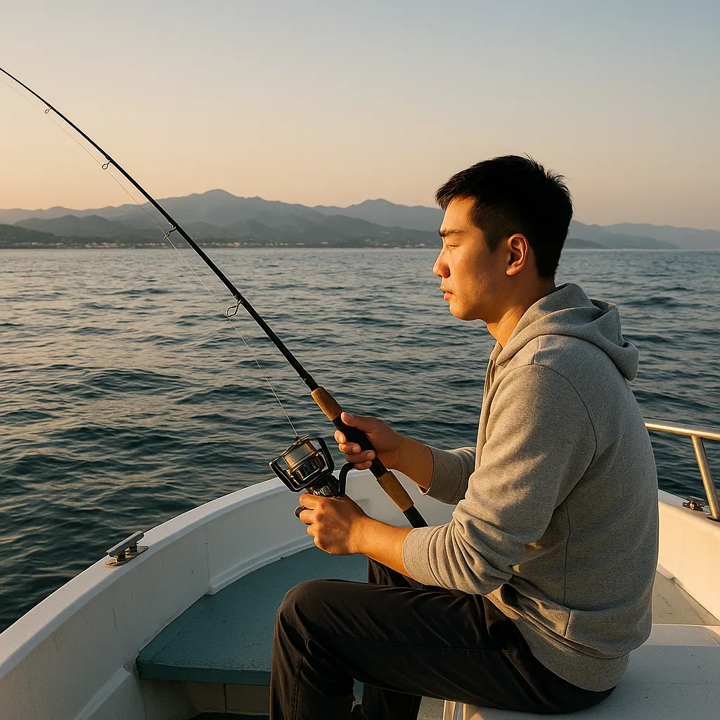 양양 앞바다 소형 낚싯배 위에서 낚시하는 남성 모습