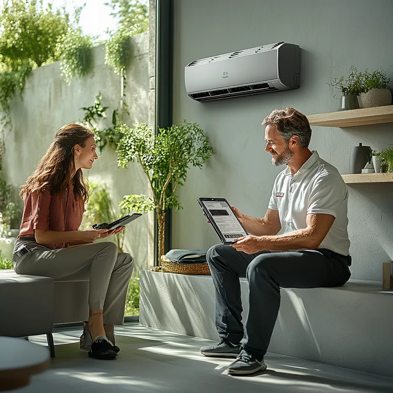 고객이 기술자와 함께 에어컨 설치 및 점검을 받는 상황을 보여줍니다. 기능적 설계가 돋보이는 현대적 집에서의 신뢰감 있는 서비스 경험을 강조합니다.