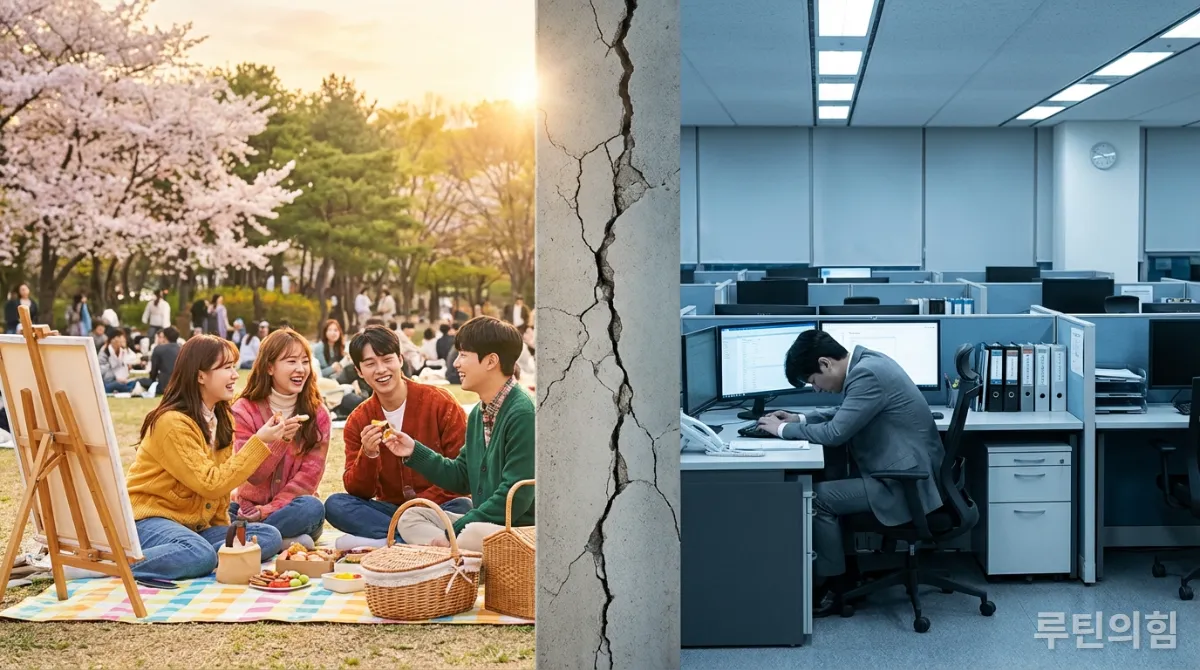 워라밸 붕괴를 시각적으로 보여주는 대비되는 일상과 업무 환경