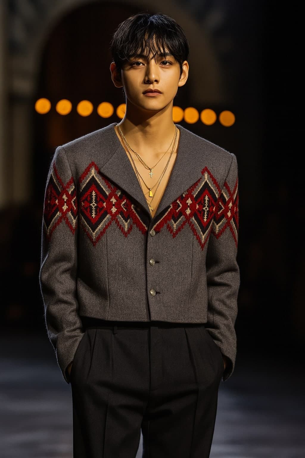 AI 생성: 김태형(뷔)이 파리 셀린느 행사에서 자수 재킷을 입고 서 있는 모습, 고급스러운 패턴 디테일과 카리스마 넘치는 표정