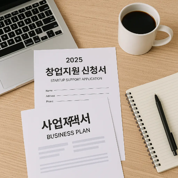 2025 창업지원 신청서, 사업계획서, 노트북, 커피잔, 스프링 노트와 펜이 깔끔하게 정돈된 사물 스튜디오컷 이미지