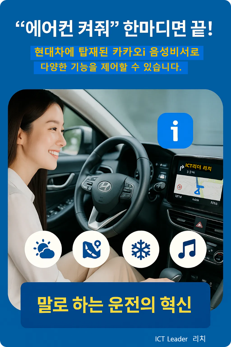 현대차와 카카오 i의 AI 음성비서 통합 기능을 설명한 프리미엄 인포그래픽