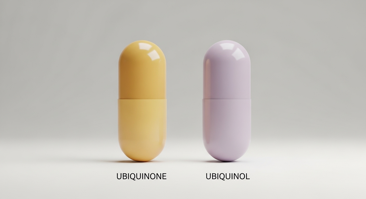 두-가지-형태의-CoQ10(유비퀴논과-유비퀴놀)을-나타내는-미니멀하고-부드러운-색상의-캡슐-두-개가-서로-다른-색조로-나란히-배치되어-있습니다.
