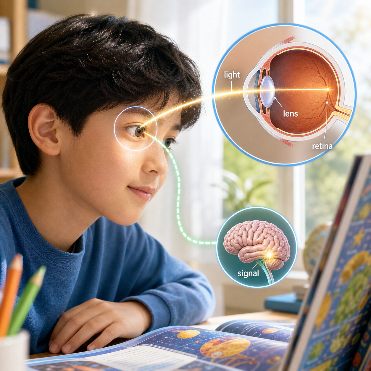 A student looking at an object with light entering the eye