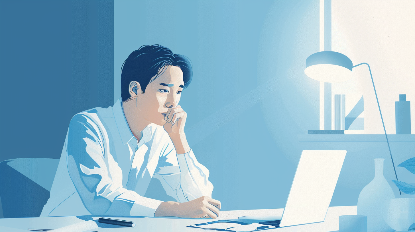 노트북을 보며 고민하는 회사원