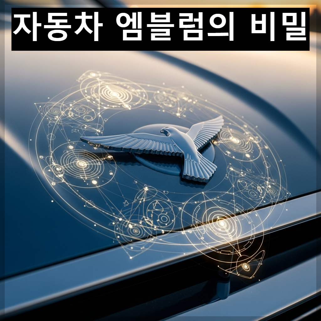 어두운 배경 속에서 은은한 금색 조명을 받고 있는 프리미엄 자동차의 크롬 엠블럼, 정교한 기하학적 문양이 돋보이며 고급스러운 분위기를 자아냄