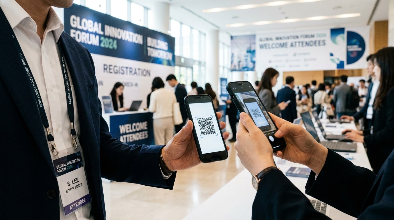 국제 컨퍼런스에서 휴대폰 QR 코드를 상대방에게 보여주는 손