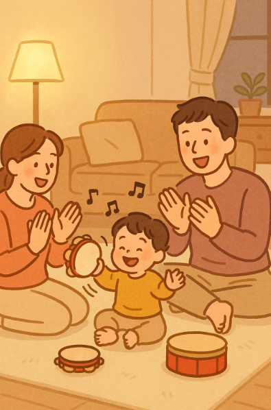 음악에 맞춰 손뼉과 악기로 리듬 놀이를 즐기는 아이와 부모