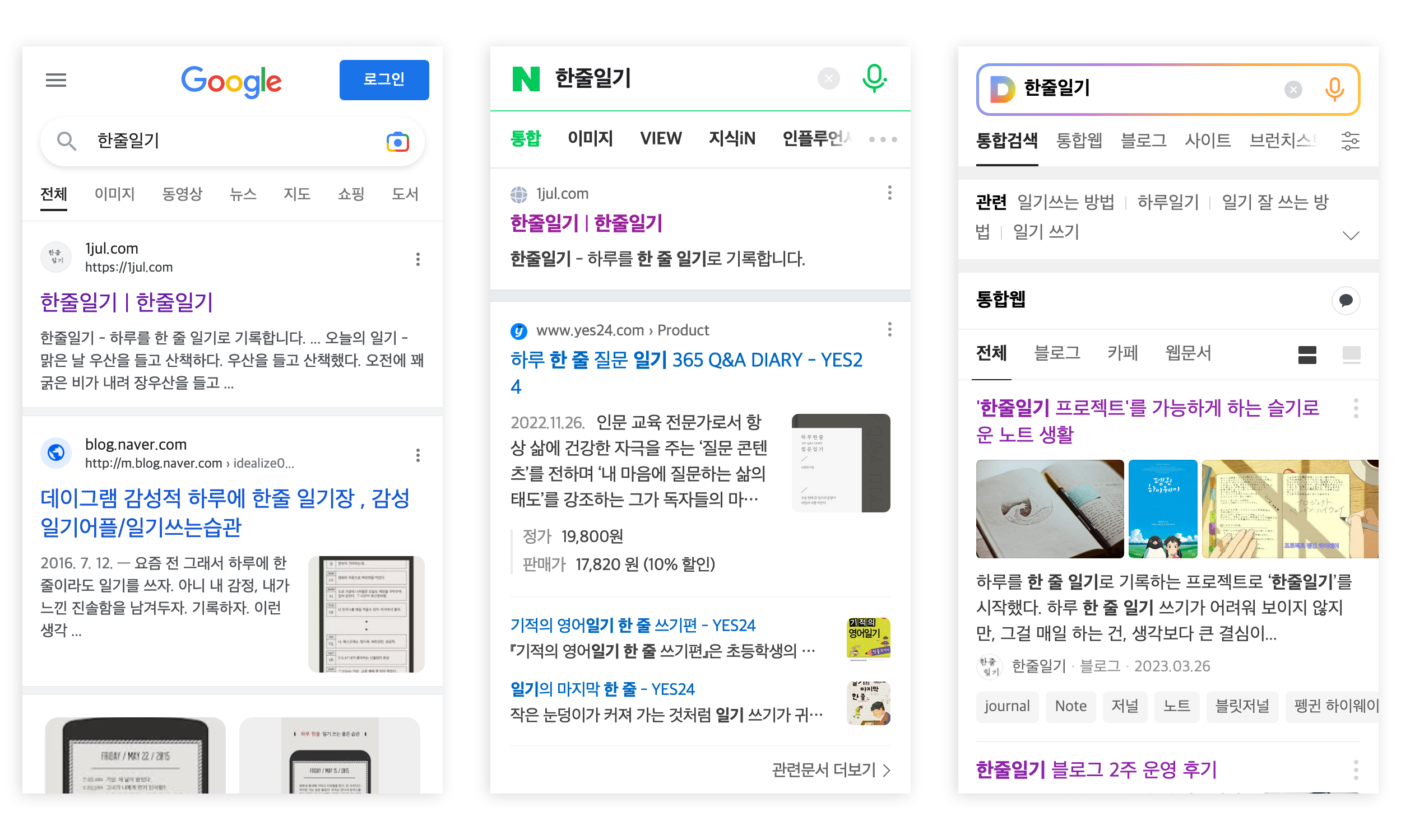 구글 / 네이버 / 다음 '한줄일기' 검색 결과