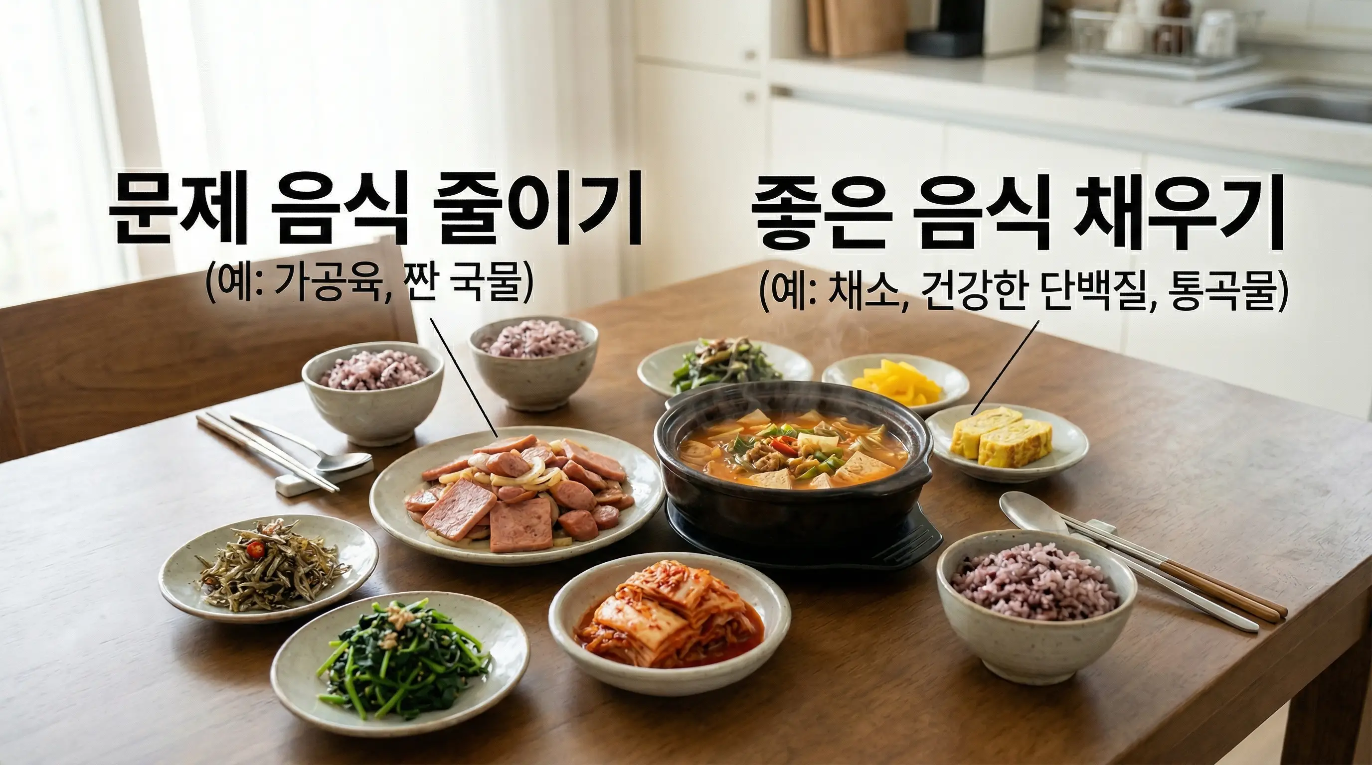 국물 음식과 절임 반찬, 가공육이 함께 놓인 한국 식탁