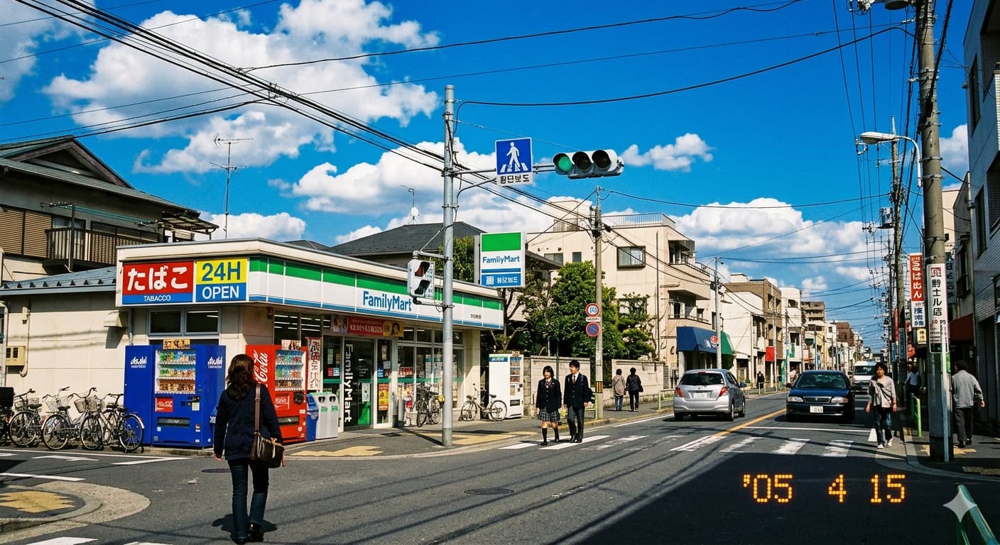 니콘 쿨픽스 초기 모델의 CCD 센서 색감을 재현한 거리 풍경 사진. 맑은 푸른 하늘과 대비가 강한 색감, 우측 하단에 주황색 날짜가 각인된 빈티지 디카 스타일의 샘플 이미지.