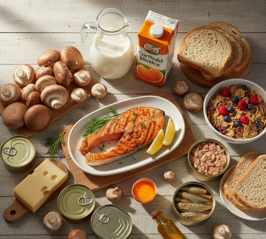 연어&amp;#44; 버섯&amp;#44; 우유&amp;#44; 치즈 등 비타민 D가 풍부한 음식들