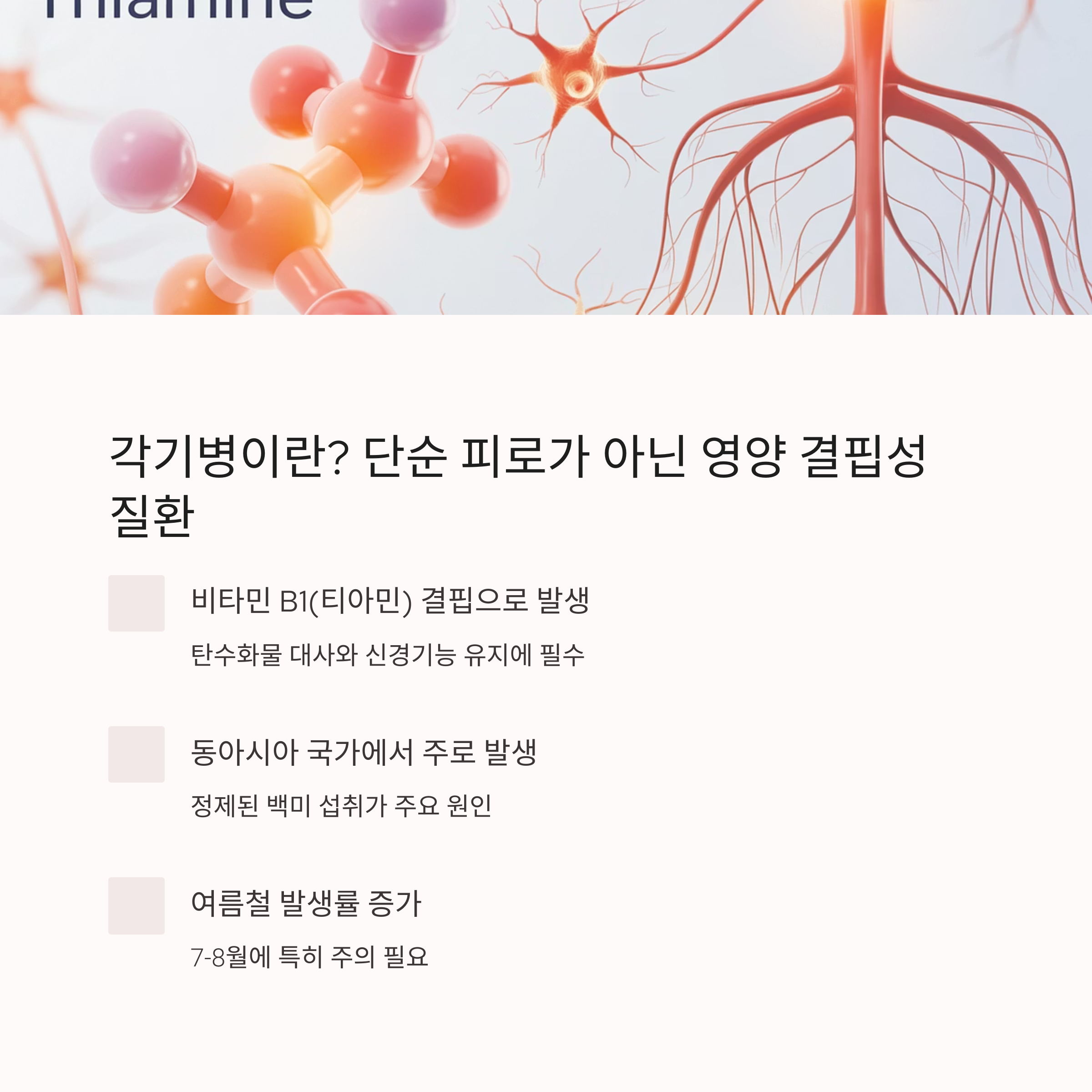 비타민 B1 결핍으로 발생하는 각기병의 정의와 특징을 설명한 신경계 일러스트 이미지