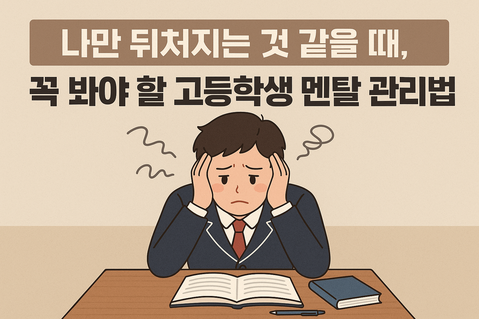 고등학생-책상-고민-물결선-베이지배경-멘탈관리법-강조-가로비율-일러스트