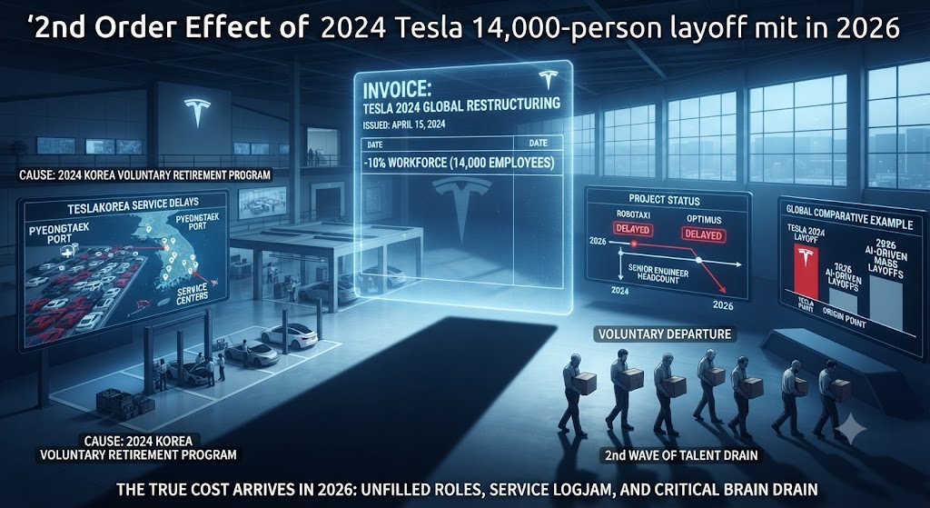 2024년 테슬라 14,000명 감원이 2026년 현재 테슬라코리아 평택항 서비스 대란과 시니어 엔지니어의 자발적 인력 유출(2차 효과)로 이어지는 인과관계를 시각화한 인포그래픽