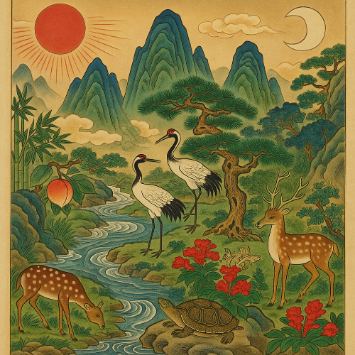 십장생, 십장생도, 조선 병풍, 한국 전통 문양, 불로장생 상징, 선계 상징, 조선 궁중 문화, 민간 장생문화, 전통 병풍 해설, 십장생 문양, 소나무 문양, 학과 거북 상징, 십장생 그림 이야기, 한국 전통 상징, 한국 미술사, 문화유산 해설, 조선 미술, 전통 회화, 십장생 교육자료, 전통문양