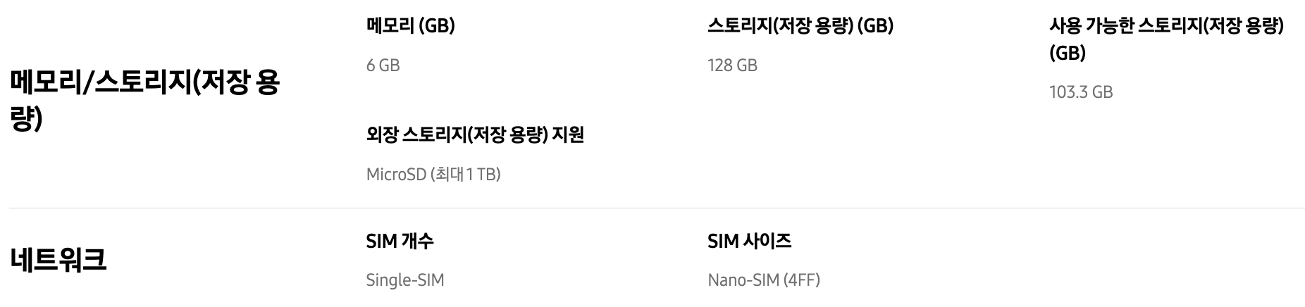 갤럭시 폰 a15 스팩(출처 삼성전자사이트)