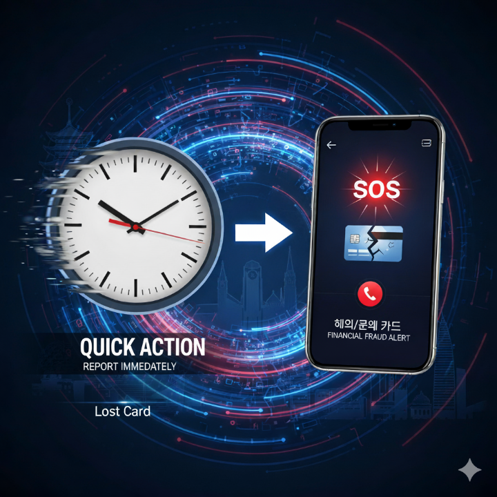 국내외 카드 분실 시 빠른 신고의 중요성을 나타내는 시계 또는 전화 이미지