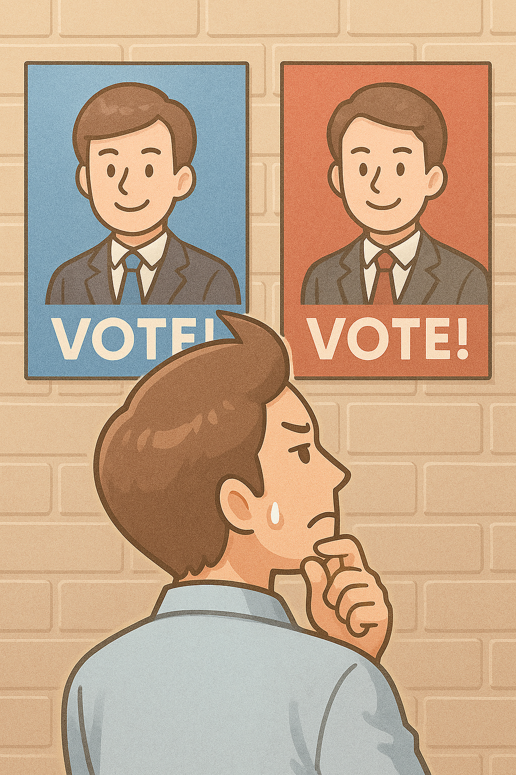 두 개의 선거 포스터 앞에서 고민하는 남성의 뒷모습 &ndash; 확증 편향과 감정에 의한 선택의 심리를 표현한 일러스트