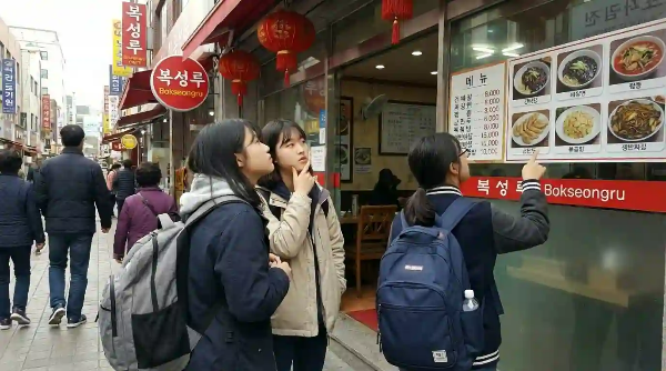 중국 음식점 앞에서 짜장면을 먹을지, 짬뽕을 먹을지 고민하고 있는 학생들.