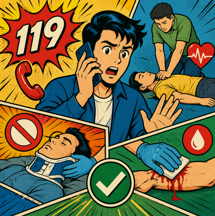 119 신고와 CPR&middot;응급처치 상황을 단계별로 보여주는 종합 인포그래픽