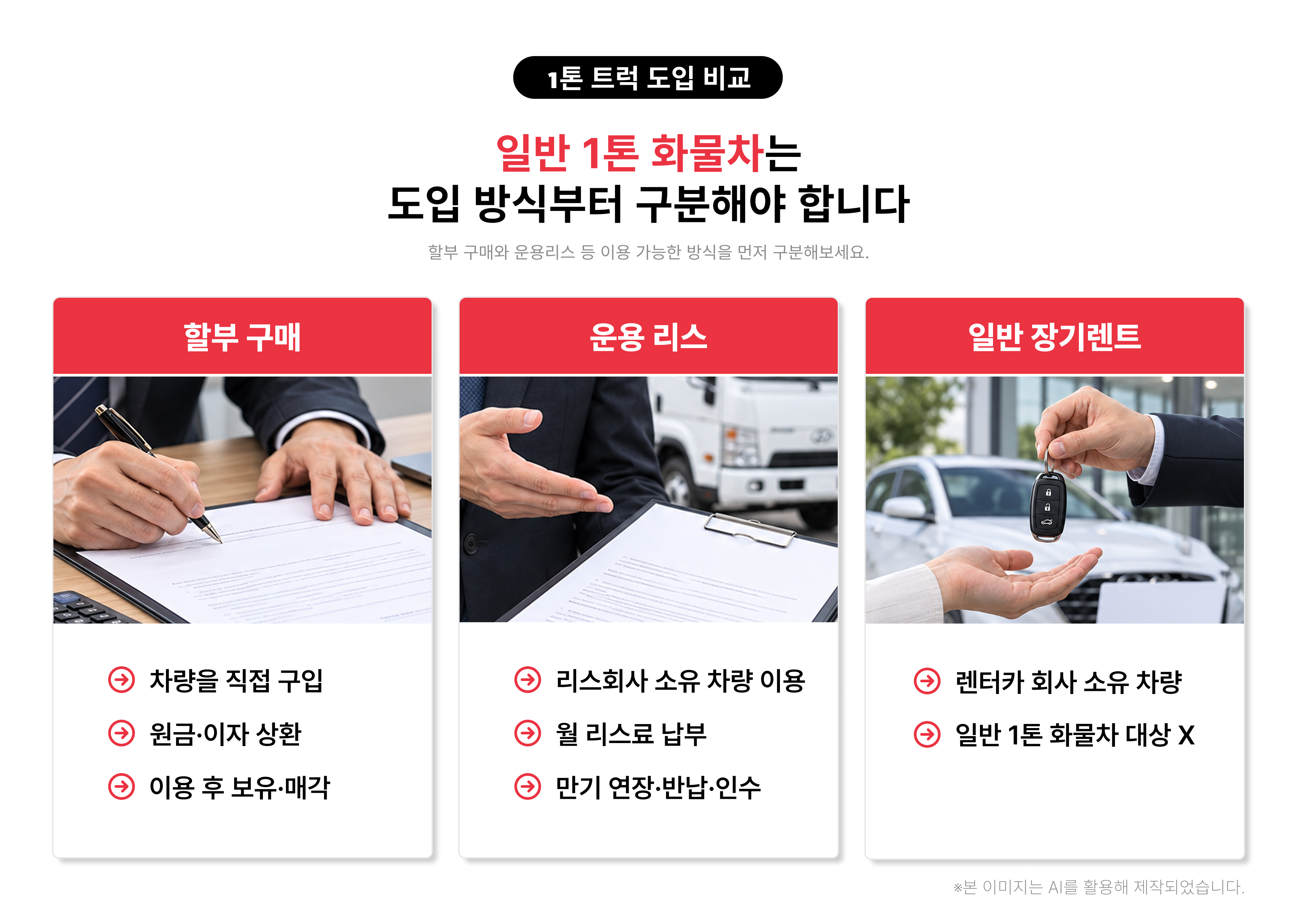 1톤 화물차의 할부 구매, 운용리스, 일반 장기렌트 이용 가능 여부와 차량 보유 구조 비교