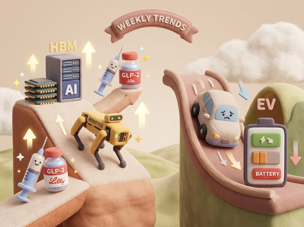 2026년 6월 1주차 증권 리포트 취합/분석: AI 반도체&middot;HBM&middot;Physical AI&middot;로보틱스&middot;한미약품 GLP-2 딜 강력 상승 지속, 배터리&middot;EV는 조정 국면