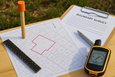 야외에서 토지 측량용 지도, GPS 장치, 펜, 자가 나무 책상 위에 놓여 있고, 배경에는 풀밭이 보이는 장면