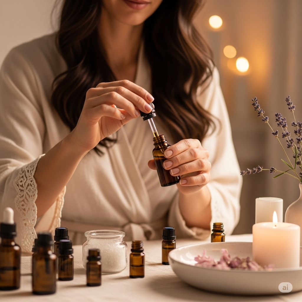 디퓨저, 아로마 오일 병, 편안하고 안정적인 분위기의 실내 공간 사진