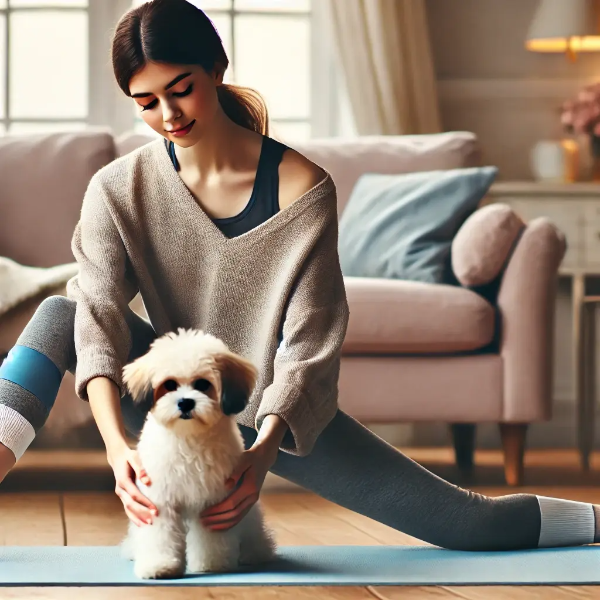 집 안에서 반려견의 다리 운동을 부드럽게 도와주는 젊은 여성의 초고해상도 사진