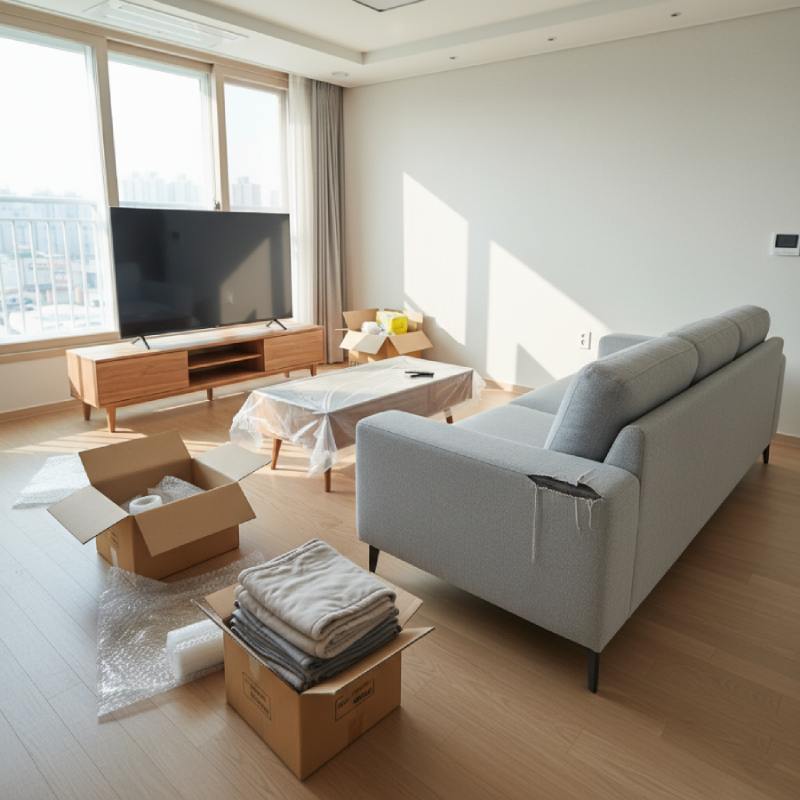 새로 이사 온 아파트 거실에서 소파 모서리에 긁힘이 생긴 현실적인 이사 파손 장면