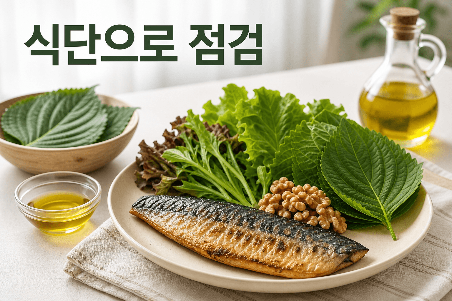 오메가 지방산 섭취 균형을 생선 견과류 조리유 식단으로 점검하는 이미지