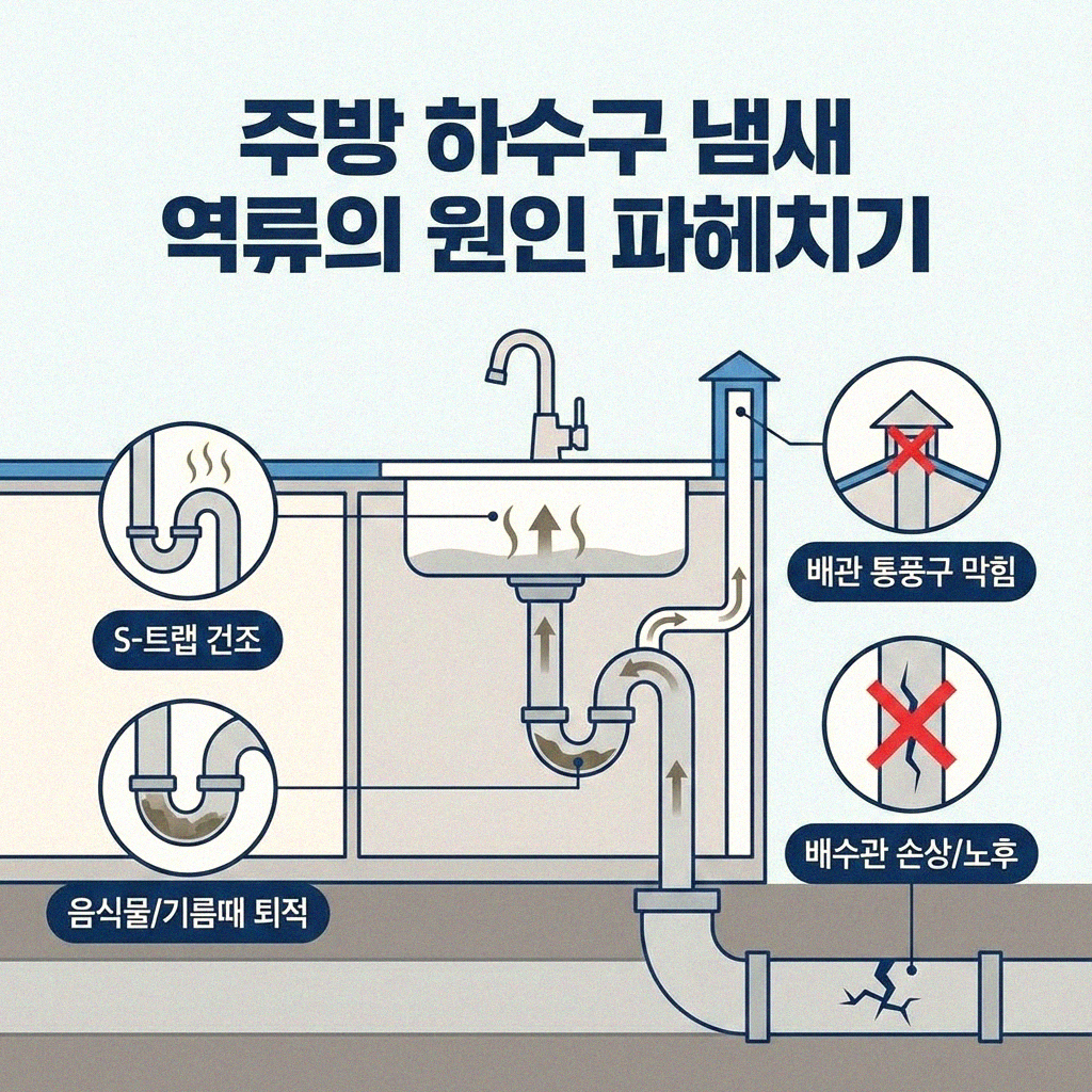 주방 하수구 냄새 역류 이제 그만 확실하게 막는 방법