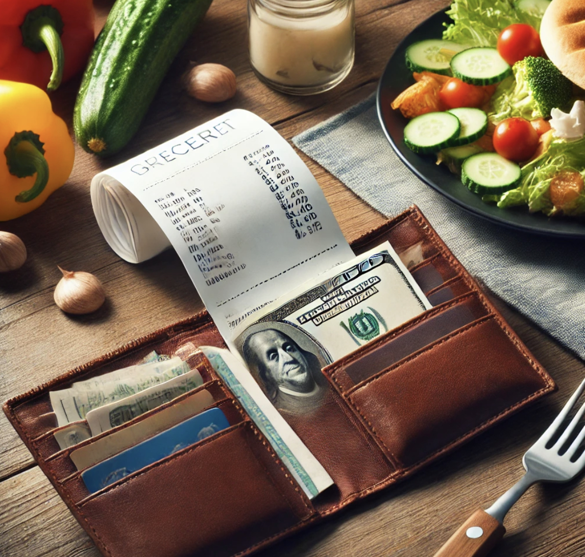 음식과 지갑 그리고 영수증 사진