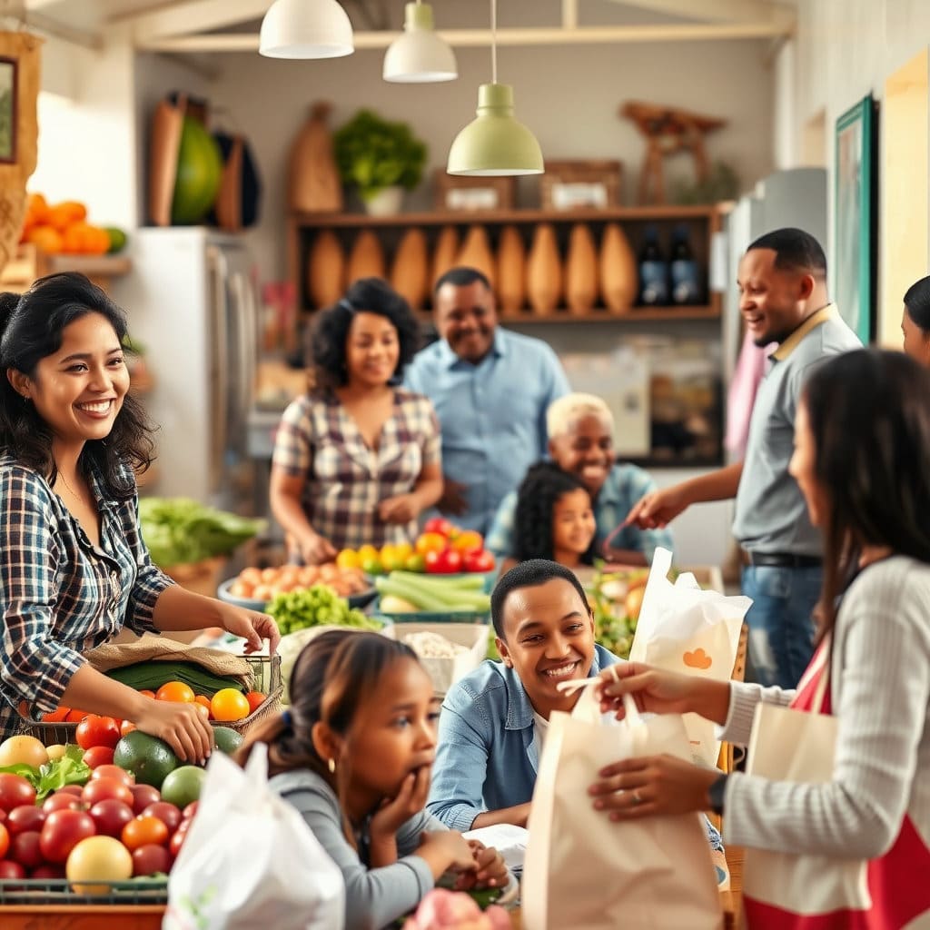 지원금을 받은 후 장을 보거나, 가족과 함께 식사하거나, 필요한 물건을 구매하며 행복해하는 사람들의 모습을 그립니다. 따뜻하고 활기찬 분위기를 연출하며, 생활 속 작은 기쁨을 강조합니다.