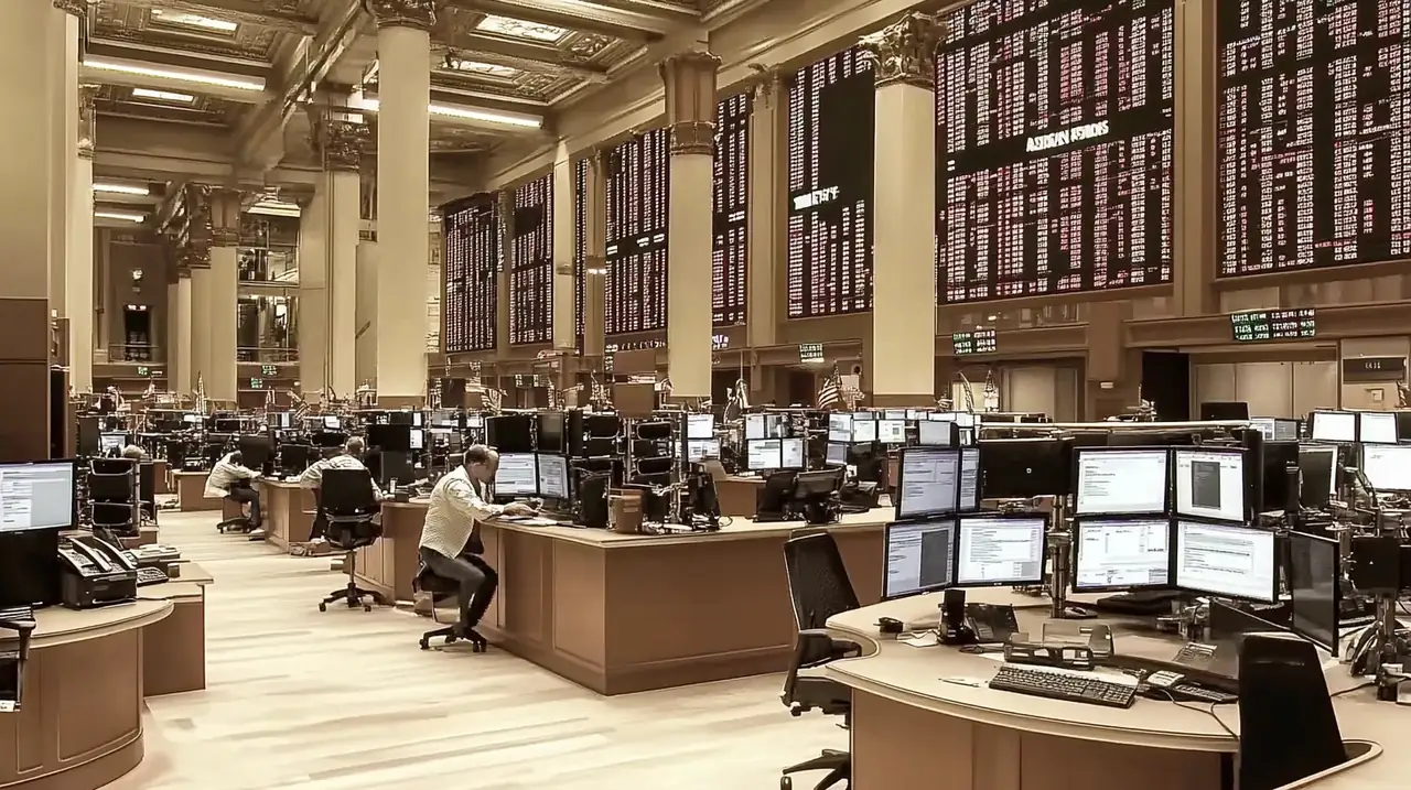 바쁜 거래소에서 여러 컴퓨터 화면을 통해 주식 및 ETF 거래 현황을 실시간으로 분석하는 모습으로, 활기차면서도 체계적인 거래 환경을 담아냅니다.