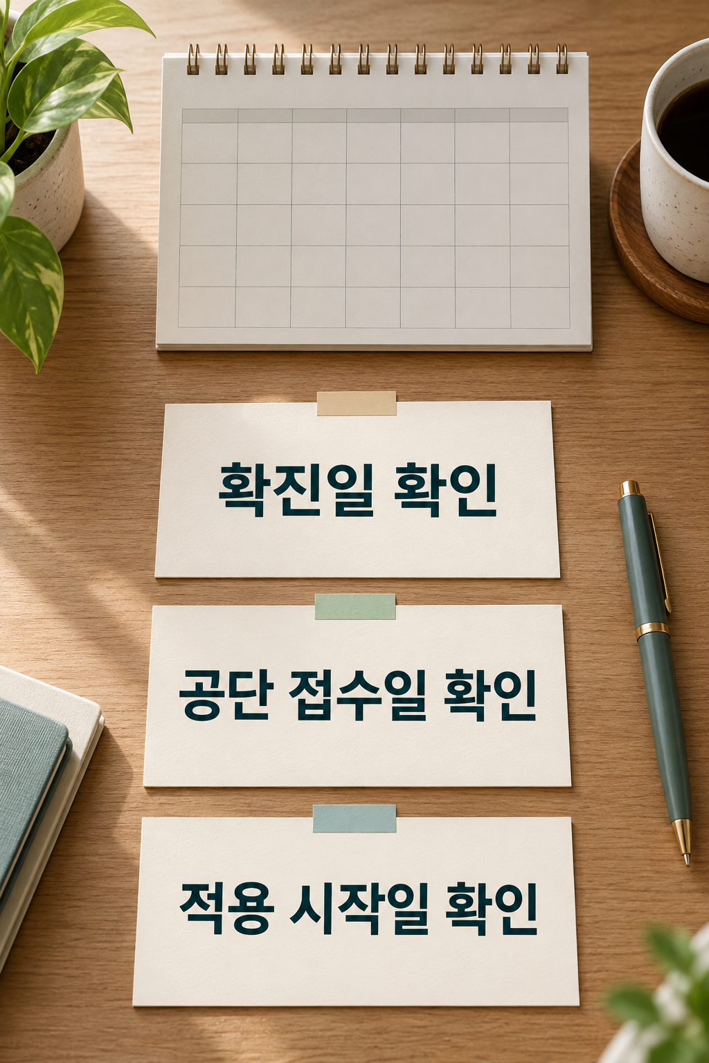 숫자 없는 달력과 확진일&middot;공단 접수일&middot;적용 시작일을 구분한 세 메모