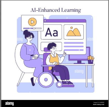 AI-Enhanced Learning: 휠체어를 이용하는 학생과 교사가 함께 컴퓨터 화면을 보며 학습하는 장면