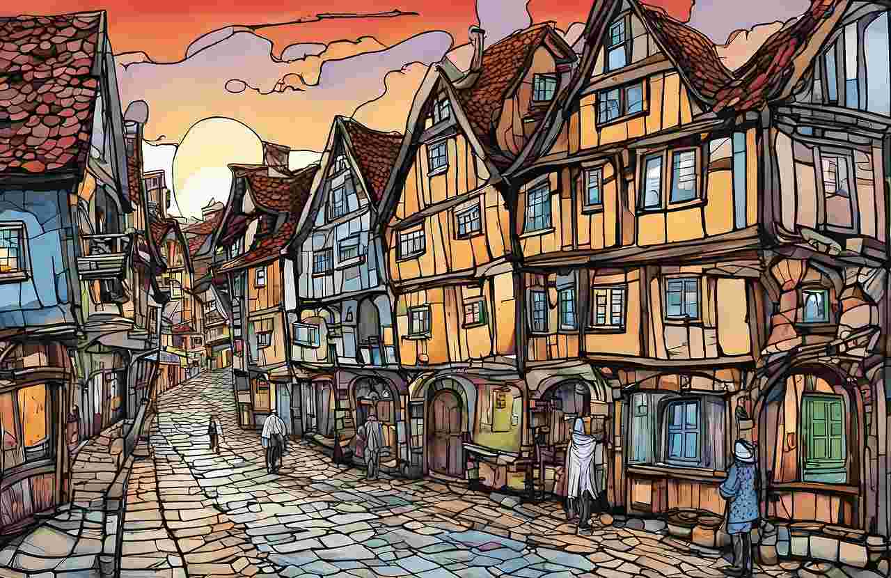 석양 아래 유럽풍 골목을 묘사한 AI 생성 일러스트로, 미드저니가 만들어낸 따뜻하고 생동감 있는 가상 도시 풍경