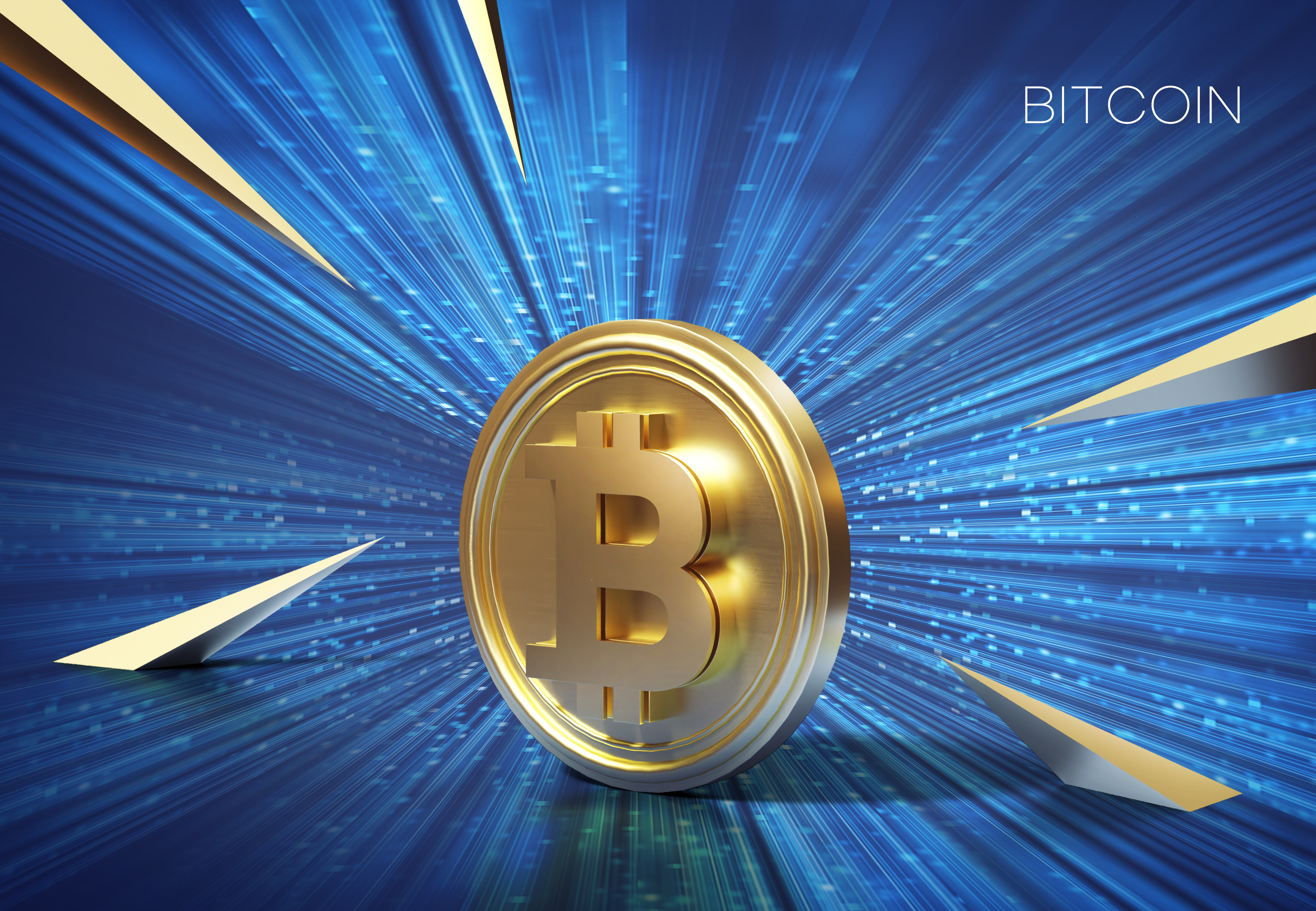파란빛 배경에서 빛나는 비트코인 코인, 암호화폐 시장 성장과 미래 가치를 나타내는 이미지