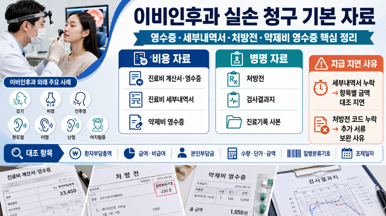 이비인후과 실손 청구 기본 자료인 진료비 영수증, 세부내역서, 처방전, 약제비 영수증 정리