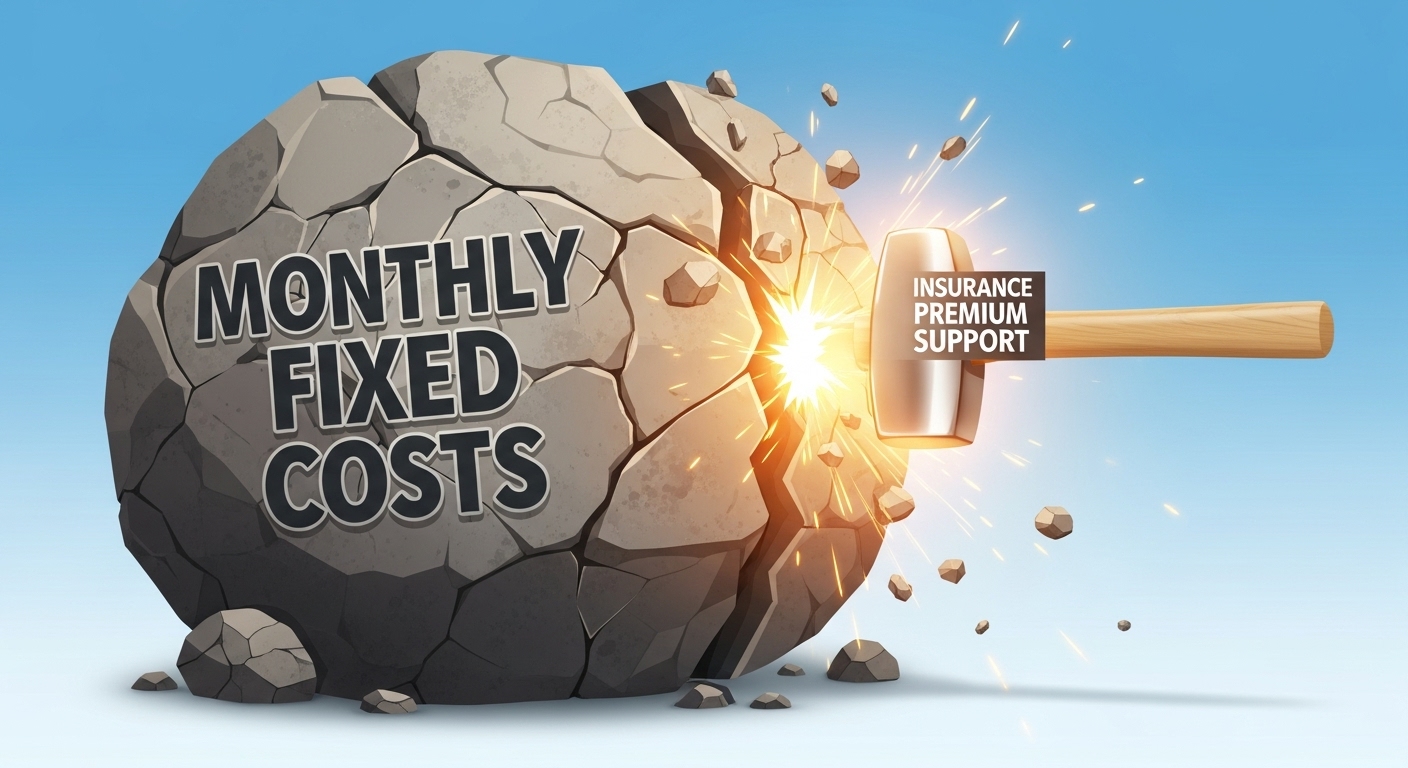 '매월 고정지출'이라고 쓰인 무거운 돌덩이가 '보험료 지원'이라는 망치에 깨지는 유쾌한 그림