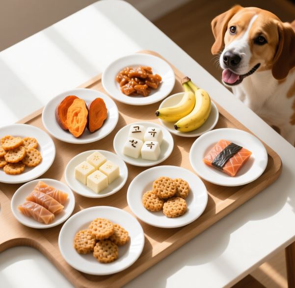식탁 위에 강아지 수제 간식이 여러가지 놓여있고 그 아래에 강아지가 간식을 쳐다보고 있다.