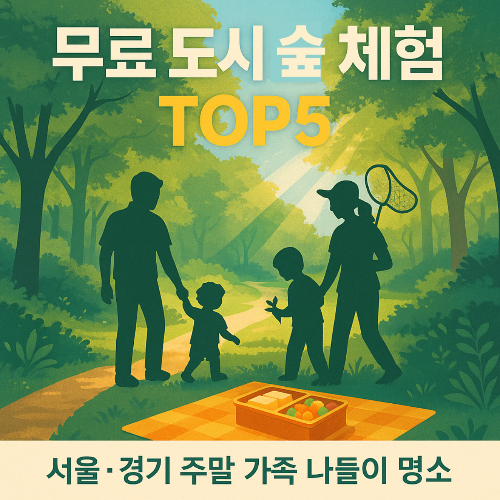 숲체험지에서 가족이 아이들과 함께 숲속길을 걷고있는 이미지