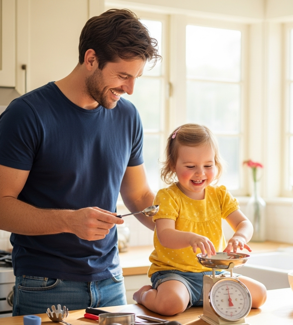 아빠와 여자아이가 계랑스푼과 저울을 갖고 주방에서 놀이를 하며 웃고 있는 모습