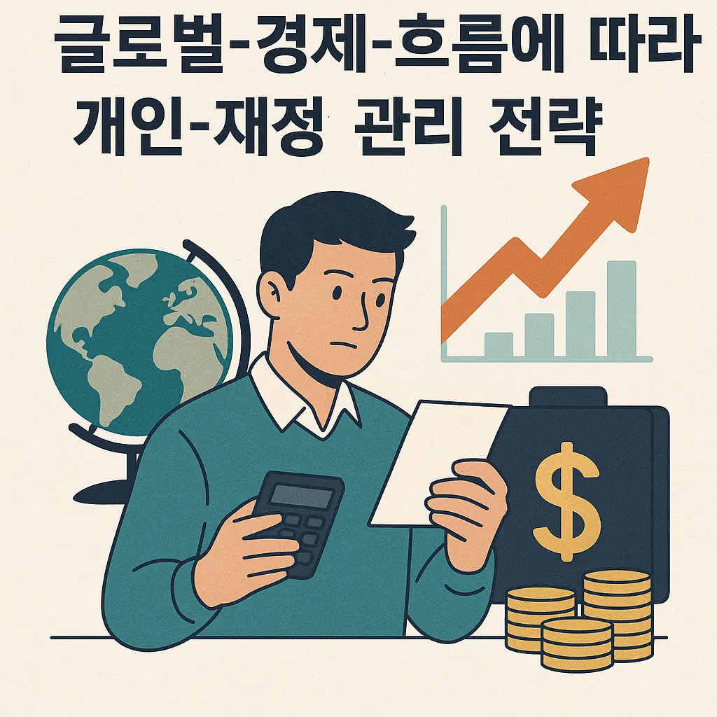 글로벌-경제-흐름을-분석하며-개인-재정-전략을-세우는-남성이-지구본과-차트-달러아이콘과-함께-표현된-일러스트