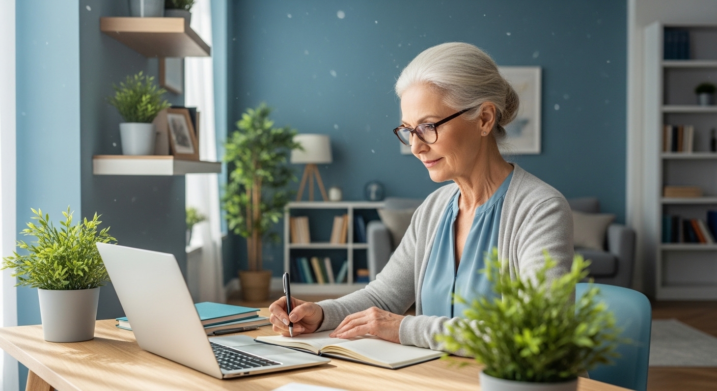 집에서 노트북과 노트를 보며 집중하여 공부하는 은퇴 여성, 평화로운 학습 환경을 보여줍니다.