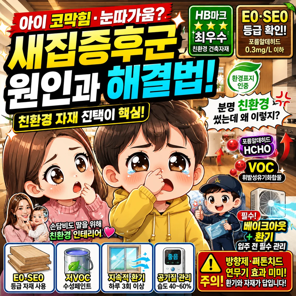 아이 코막힘과 눈 따가움 증상을 겪는 치비 캐릭터와 친환경 인테리어 자재, HB마크·E0·SE0 등급, 베이크아웃 환기 정보를 담은 새집증후군 예방 유튜브 썸네일 이미지
