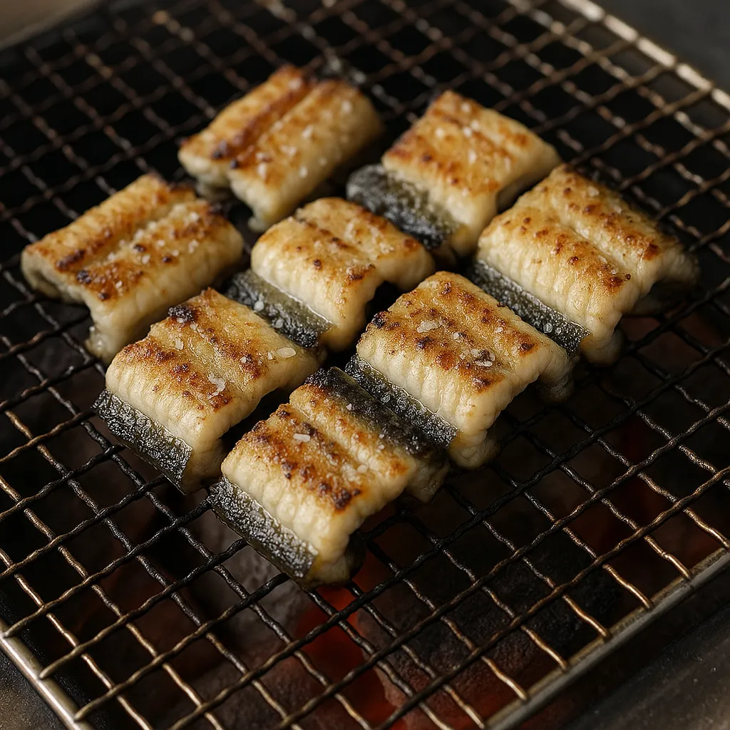 석쇠 위에 노릇하게 구워진 붕장어 소금구이